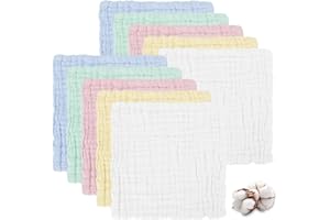 JETOP 10 Pack Muslin Cloths for Baby, 5 Colors 25x25cm Muslin Face Cloths, 100% Cotton Baby Washcloths Soft Reusable Baby Wipes for Newborn Boys Girls Multi Colour Squares Towels for Bathing Feeding Burping