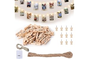 ELLECILA 150pcs Mini Wooden Pegs, Mini Pegs for Photos, Photo Board, Led Photo String Lights, Small Pegs for Hanging Photos with 10m Jute String for Photo Wall Display, Room Decor & Party