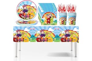LGQHCE Teletubbies Partygeschirr Set, Teletubbies Geburtstag Partygeschirr Party Set Partyzubehör Themed Party Supplies mit Gehören Teller, Papiertuch, Gabel, Tasse, Stroh, Tischdecke für Party 61PCS
