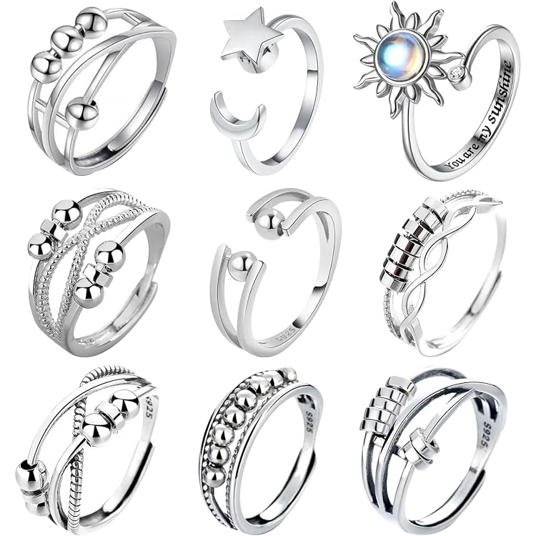 9 Bagues Anti-Stress Réglables En Acier Inox - Cadeau Positivité Pour Femme Et Homme - 2