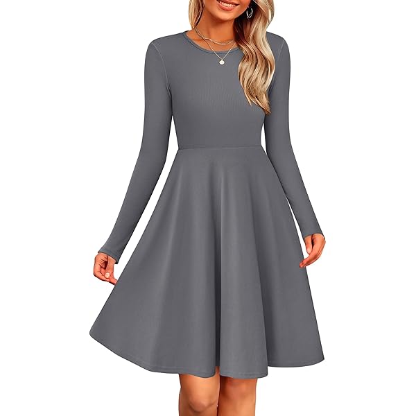 Zeagoo Damesjurk, lange mouwen, herfstjurk, A-lijn, pofmouwen, elegante gebreide jurk, jurken, knielang, met zakken, voor herfst winter, S-XXL, legergroen, M