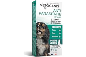 Vetocanis, Pipettes Anti Puces Chien, 2x1 Mois sans Tiques, Puces, Moustiques, Antiparasitaire Chien 2 à 10 kg, A base de Margosa, Répulsif Protection Immédiate, 2 Pipettes de 2 mL