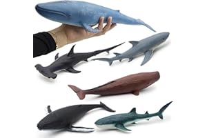 Mostop Set di 6 personaggi di squali e balene, giocattolo per bambini, 28 – 37 cm, grandi dimensioni, oceano, oceano, marino, animale marino, adatto per bambini o come decorazione