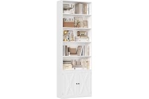FirFurd bokhylla på 209 cm med 2 dörrar och 7 hyllplan | Högt skåp med justerbar hylla, universalskåp för vardagsrum kontor kök, 60 x 23,5 x 209 cm
