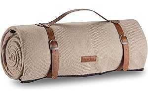 VonShef Picnic Blanket, Beige Herringbone Extra Large Outdoor Rug with Waterproof Backing, 10 Person Weatherproof Picnic Mat with Faux Leather Handle, Water Resistant Camping Accessories, 200x300cm