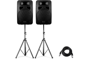 ELECTRONIC STAR Skytec Set SP1500A - Set di Diffusori Attivi, 2 Altoparlanti, 2 Supporti per Altoparlanti e Cavo XLR FrontStage 6 m, Altoparlanti Attivi a 2 Vie, Supporto Pieghevole, Borsa da Trasporto, Nero