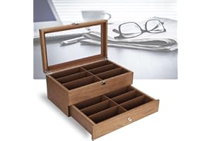 LENTLY 12 Slot per Occhiali,Scatola per Occhiali da Sole con 2 Cassetti Organizer Occhiali da Sole con Serratura e Cassetti Raffinati Portaocchiali Multiplo Scatole Porta Occhiali per Gioielli ed Orologi
