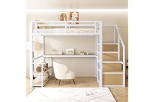 ‎KEBNOR 140*200 Metall-Hochbett mit Aufbewahrungsleiter mit Regalen und Tisch, Sicherheitszaun-Design mit gespleißten Metallplanken, Hohes Eisenrahmenbett mit Metallrahmen für stabile Unterstützung (Weiß)