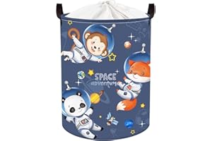 Clastyle 45L Cesta Indumenti Astronauti Animali Scimmia Volpe Panda Cestino Portaoggetti Giocattoli Blu Tondo Pieghevole per Camera dei Bambini, 36x45 cm