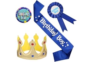 GOTRUST 4PCS Birthday Boy Badge King Crown Tiara Birthday Boy Ribbon Medal and Sash Decorations Set for Boys Party Supplies