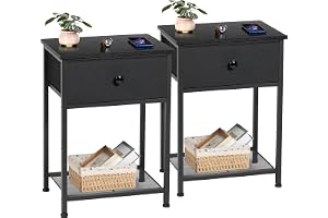AMHANCIBLE Nattduksbord set 2 med tyglåda, industriella sidobord för vardagsrum med hylla, smala sängbord för sovrum, små utr