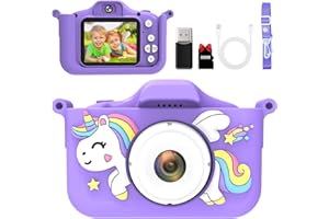 GLOWPLAYX Kinderkamera mit 32GB Speicherkarte & 1080P HD – Selfie Kamera für Mädchen & Jungen ab 3 Jahren, Digitalkamera mit Spielen, Musik, Zeitraffer – Geschenk mit Einhorn Silikonhülle & Zubehör