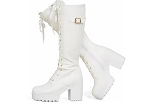 Voviggiw Women Fashion Platform Knee High Boots Lace Up Chunky Heel Boots with Buckle Side Zipper Biker Boots
