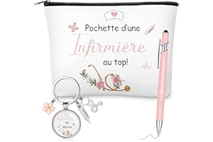 Xuniea Cadeaux Infirmières 1 Trousse de Toilette 1 Porte-Clés avec Seringue Fleurs et Stéthoscope 1 Stylo à Bille Infirmière Qui Déchire Cadeau de Remerciement Anniversaire Noël pour Femme Collègue