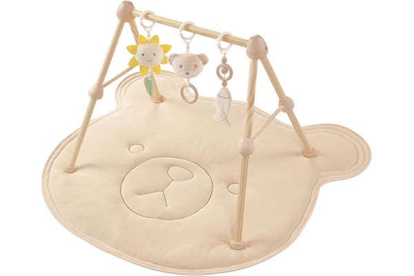 Tapis D'eveil Bebe Ours 4 en 1,avec arche de jeu en bois naturel, 3 Peluches Amovibles,Développement Visuel, Auditif,Tactile et Cognitif,pour 0-3-6-12-36 mois Bébé,Cadeau de Naissance Idéal
