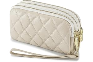 RRvane Genuine Leather Quilted Clutch Bag, Ladies' 3 Zipper Wristlet Wallet, Multifunction Purse with Wrist Strap for Women