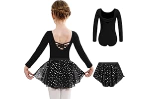 Arshiner Vêtements de Ballet pour Filles en Coton Dos Nu, Robe de Danse, Justaucorps de Danse à Manches Longues avec Jupe irrégulière en Mousseline de Soie, Justaucorps de Danse Tutu 2-10 Ans