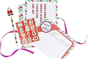 Henbrandt Christmas Letter to Santa Claus 5 Piece Activity Pack for Kids Xmas Writing Set with Sticker Sheet and Pencil with Eraser Christmas Card Stocking Fillers Father Present Wish List