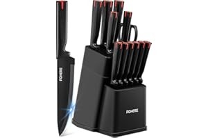 Juego de Cuchillos de Cocina FOHERE 13 Piezas Cuchillos de Cocina Acero Inoxidable con Bloque Afilador Integrado Bloque de Cuchillos Profesional con Soportes para Cuchillos, Negro