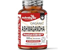NUTRABYTES Organic Ashwagandha KSM-66 ® 500mg (Withania Somnifera with 5% Withanolides) with Organic Black Pepper, 60 Vegan Capsules, High Strength, Most Bioavailable Full-Spectrum Root Extract, Made in UK
