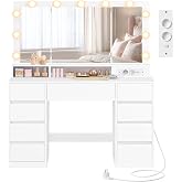 VASAGLE Dressing Table with Mirror, 3 Light Colors, Adjustable Brightness | Makeup Table, 9 Drawers, Modern, Cloud White, Kai