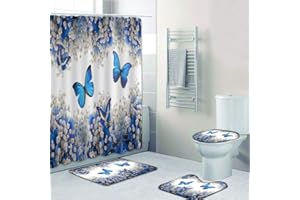 Bullpiano 4-teiliges Blumenduschvorhang-Set mit rutschfestem Teppich, Toilettendeckelabdeckung Badematte wasserdichtem Duschvorhang für Schmetterlinge Blumen Badeduschvorhang für Badezimmer