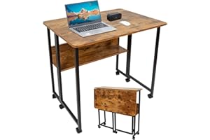 Fiutazge Biurko składane, na kółkach, małe składane biurko komputerowe z regałem, stolik pomocniczy, składany stolik do domowego biura, wzornictwo przemysłowe, ciemnobrązowe, 80 x 58 x 75 cm