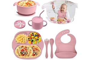 Bwaliffury Baby Geschirrset mit Saugnapf, 8 Stück Baby Geschirr Silikon Baby Teller Set, Silikon Babyteller Schüssel Lätzchen Löffel Gabel Deckel Kinderteller Set, BPA Frei, Spülmaschinenfest (Rosa)