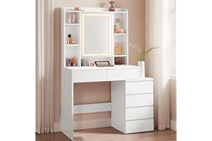 VASAGLE KAILYN Collezione - Toeletta con Luci LED a Luminosità Regolabile, Tavolo da Trucco con Specchio, Scomparti Aperti, Ripiani Regolabili, Postazione Trucco, Moderno, Bianco Nuvola RDT124W01