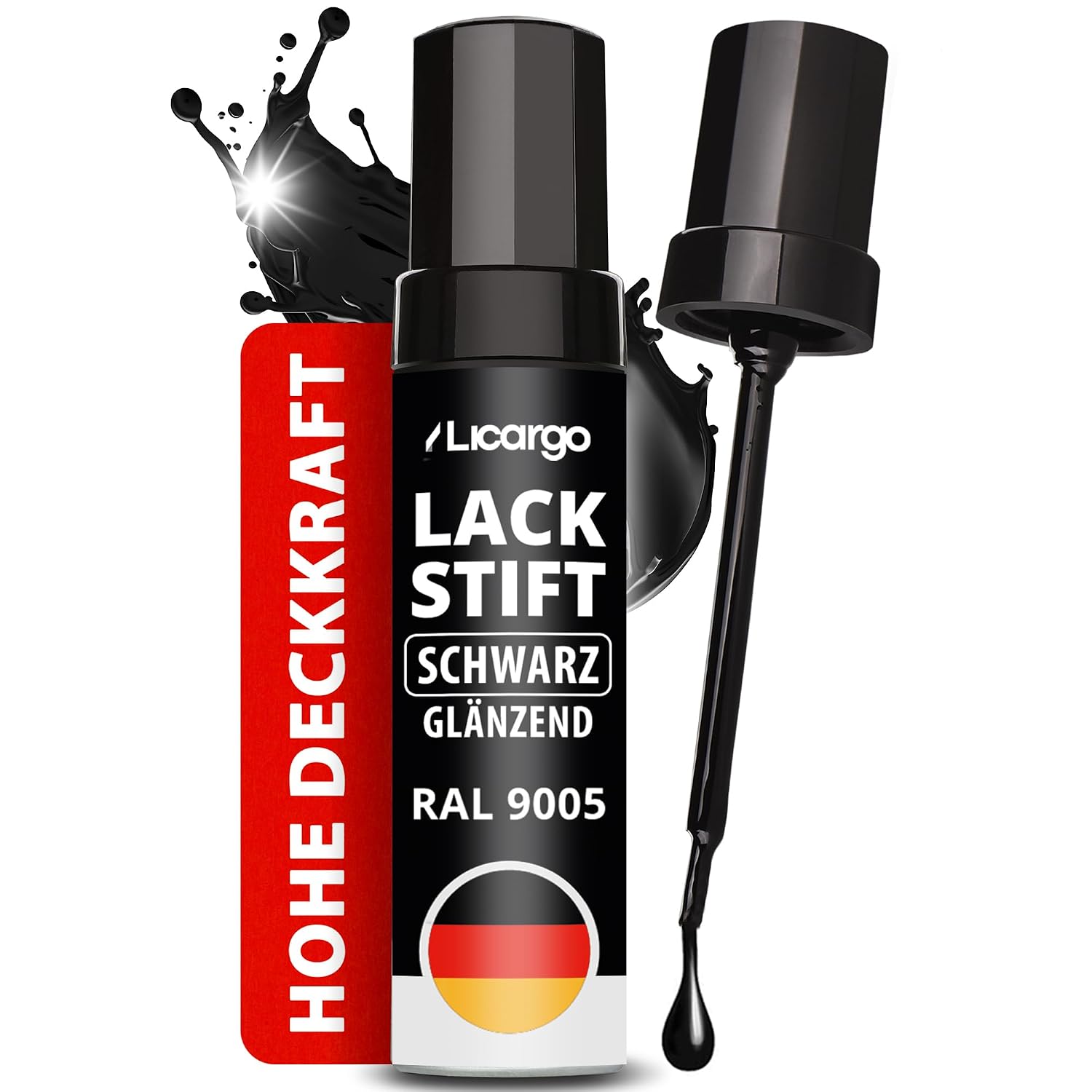 LICARGO Lackstift Schwarz Glänzend – Präziser Pinsel für kleine Kratzer & Steinschläge – Hohe Deckkraft, schnelle Trocknung – Auto Lackstift, Felgenlack, Lackreparaturstift, Made in Germany