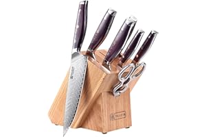PAUDIN Set di coltelli da cucina damasco 8 pezzi con manico in legno coltello da cuoco coltello santoku coltello da pane coltello multiuso coltello da cucina acciaino con ceppo portacoltelli