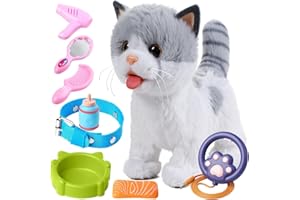 OR OR TU Chat Interactif Enfant Peluche Chat, Animaux électronique Qui Marche et aboie en Laisse, Jouets Interactifs pour Les Enfants de 3 4 5 6 7 Ans et Plus Cadeau pour Fille et Garçon