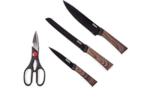 CLOEN Juego de Cuchillos | Set de 4 Piezas Cuchillos Negro Mate | Acero Inoxidable Cocineros Profesionales y Aficionados | Cuchillo Chef, Panero, Trinchar, y Tijeras Multiusos con destapador Leo.