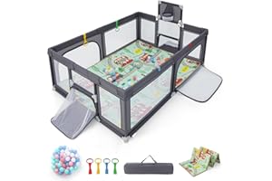 Maxmass Baby Playpen, Infant Activity Center with Pull Rings, Basketball Hoop, Soccer Nets, 50 Ocean Balls and Soft Mat, Toddlers Play Yard for 0-3 Years Old (Dark Gray, 207 x 142cm)