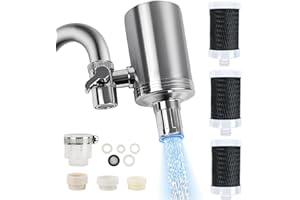 LMYSUFI Edelstahl Wasserfilter Wasserhahn, Wasserfilter Trinkwasser Mit Blaulicht, Leitungswasserfilter Entfernt Chlor, Schwermetalle und Schlechten Geschmack, für Standard Wasserhähne (3 Filter Enthalten)