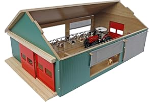 Kids Globe Kuhstall Holz, Spielzeug Kuhstall Dach aufklappbar, Bauernhof mit Maßstab 1:32, Holzbauernhof, Holzstall, Bauernhof Spielzeug 610250