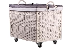 E-WICKER24 ALLES AUS WEIDE e-wicker24 - Cesto portabiancheria rettangolare, cesto in vimini bianco con ruote e fodera in tessuto, contenitore di vimini, cestino, scatola (biancogrigio)