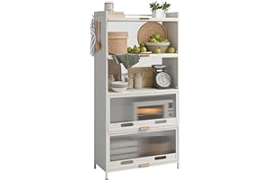 ‎NETEL NETEL Rostfreies 5-stufiges Küchenregale Stehend, Küchenschrank mit Rollen und Füße, Mikrowellenschrank, Bäckerregal, Standregal, Lagerregal für Küche Wohnzimmer mit Sichtbare Türen, Vintage, Weiß