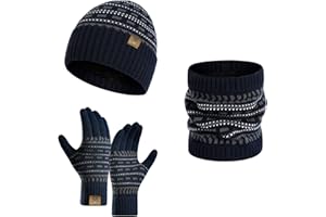INSISMY Winter Beanie Hat Scarf and Touch Screen Gloves Set Knitted Hats Thermal Gloves for Men Women Neck Warmer 3 PCS Skull Cap Thick Fleece Lined Unisex Dotted Stripe