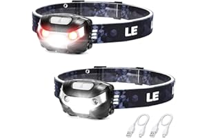 LIGHTING EVER LE Head Torch Rechargeable, [2 Pack] Super Bright LED Headlamp Waterproof with 5 Lighting Modes, 30 Hours Runtime, Red Warning Lights, Lightweight Headlight for Running