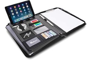 Vebon London Teczka konferencyjna formatu A4, z wegańskiej skóry, z zamkiem błyskawicznym, jako teczka na dokumenty i torba na laptop 2 w 1, z uchwytem na smartfon i podkładką z klipsem, czarny,