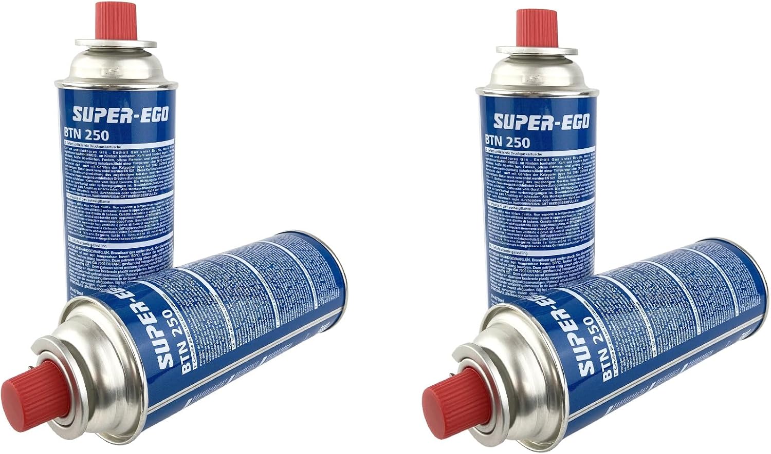 Pack de 4 und Super-Ego BTN 250 Cartucho de Gas Butano, 227g, Compatible Universal, Diseño Compacto