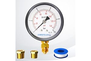 Hansfelds bar Pressure Gauge BSP Lower Mount mm Dial Face Glass Window Brass Internal and Connection Dual Scale bar/psi Accuracy 1.6 (0-10bar 63mm Low)