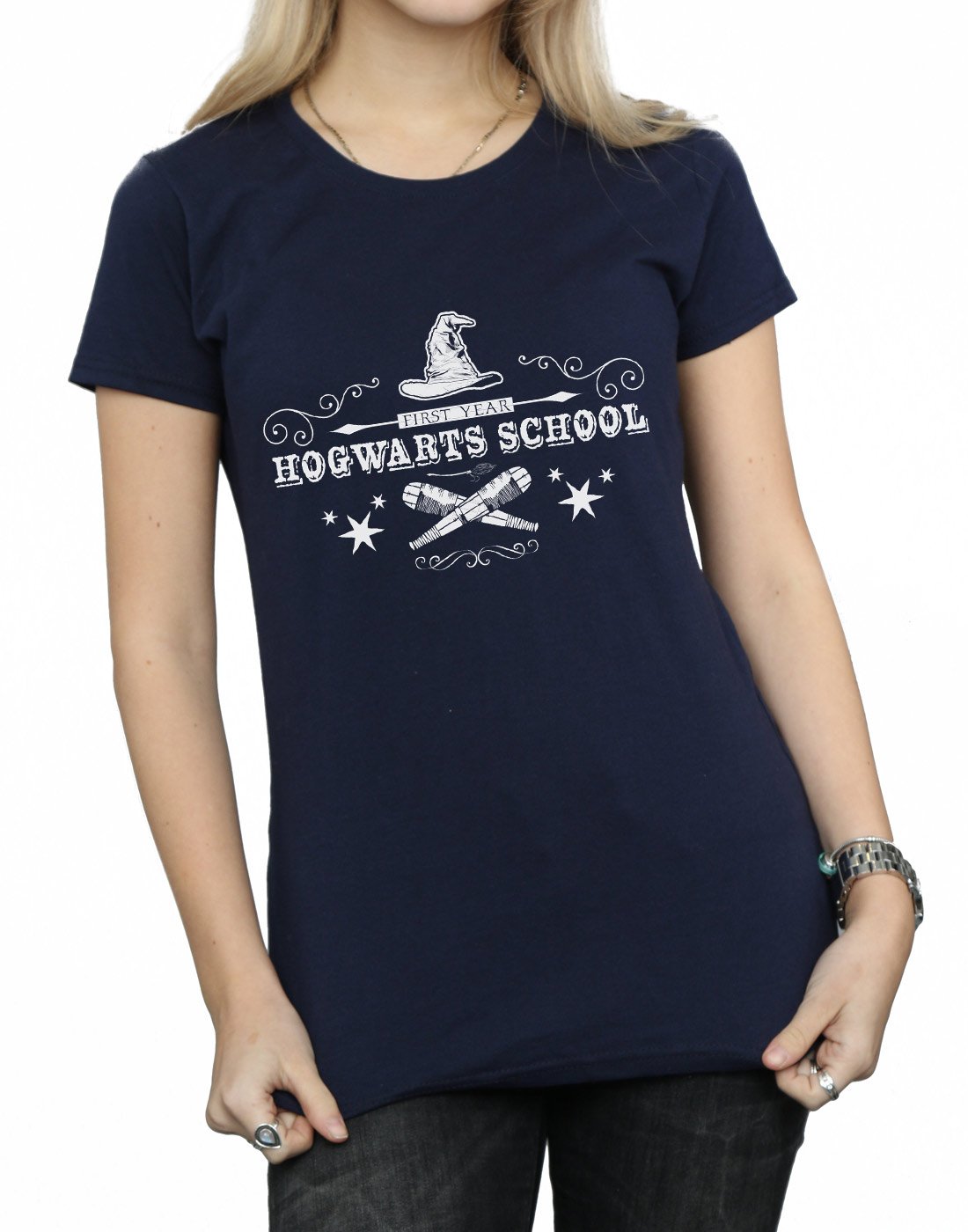 Absolute-Cult-Harry-Potter-Damen-Hogwarts-First-Year-T-Shirt-Navy-Blau-Small