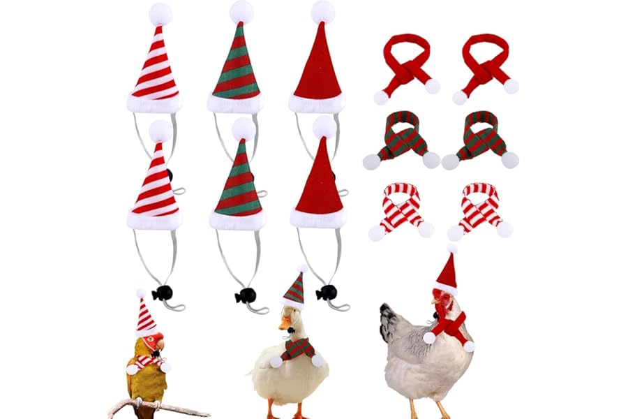 12pcs Christmas Pet Chicken Hat Scarf Set, Mini Santa Hat Adjustable Straps Animal Hat for Hen Duck Hamster Guinea Pig Parrot Christmas Cosplay Costume