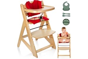 P PARVULÍ PARVULI Trona Bebe Madera con Cojín, Vajilla de Silicona y Babero - Trona Evolutiva Bebe de 6 meses a 12 años - Silla para Comer Bebe con Bandeja - Tronas de Bebe para Mesa, Comedor de 80x58x48cm