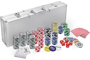 AufuN Pokerkoffer 500 Chips Laser Pokerchips 12 Gramm Metallkern, inkl. 2X Pokerdecks, 5X Würfel, Dealer Button, Big Blind, Little Blind, Poker-Set mit Silber Aluminium Gehäuse mit 2 Schlüssel