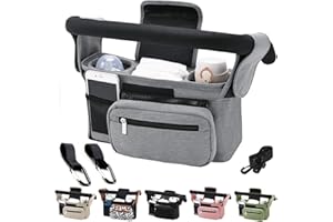 HINATAA Bolsa Organizadora Para Cochecito, Bolso Organizador Carrito Beb con Portavasos Aislado y Correa para el Ajustables Hombro, para Pañales y Juguetes, Cochecito de Bebé con 2 Ganchos (Gris)