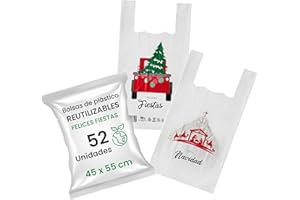 SANJOMA CHEMICAL SOLUTIONS 52 Bolsas de Plástico tipo camiseta para Navidad | Resistentes y Reutilizables | Bolsa Para Alimentos y Compras, 70% Recicladas Con Asas Cómodas | Bolsas Pequeñas de Plástico 45 x 55 | Galga 200