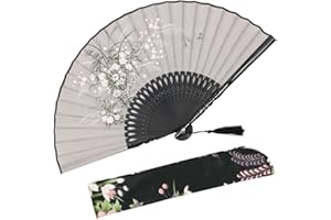 OMyTea "Grassflower Folding Hand Held Fan for Women - Chinese/Japanese Vintage Retro Style - With a Fabric Sleeve for Protection (Grey)